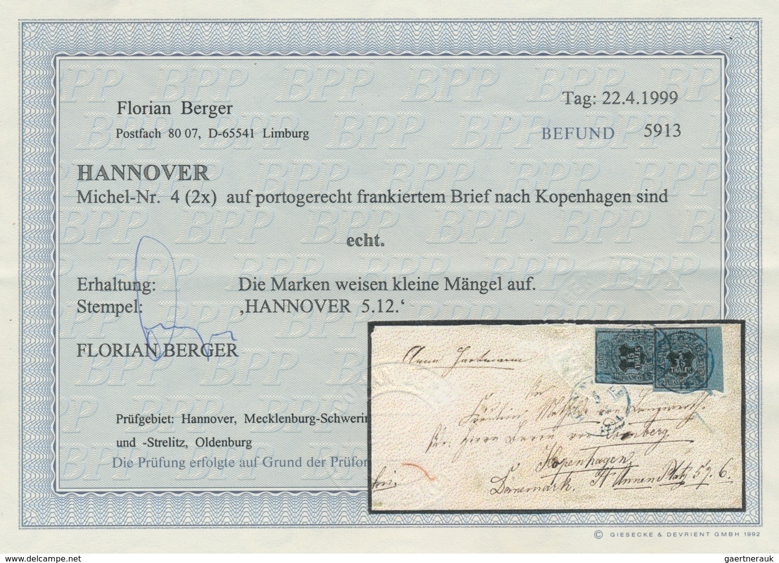 Hannover - Marken Und Briefe: 1851, Couvert Mit Zweimal 1/15 Thaler Schwarz Auf Blau Je Mit Blauem K - Hanover