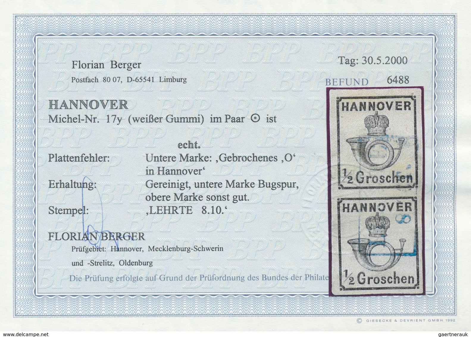 Hannover - Marken Und Briefe: 1860: 1/2 Gr. Schwar, Weißer Gummi, Im Senkrechten Paar, Etwas Gereini - Hannover