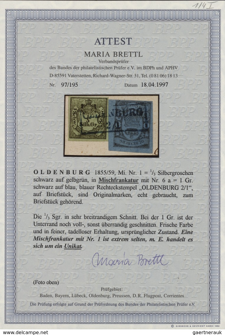 Oldenburg - Marken Und Briefe: 1852, 1859/61: ⅓ Sgr. Schwarz Auf Gelbgrün In MISCHFRANKATUR Mit 1 Gr - Oldenburg