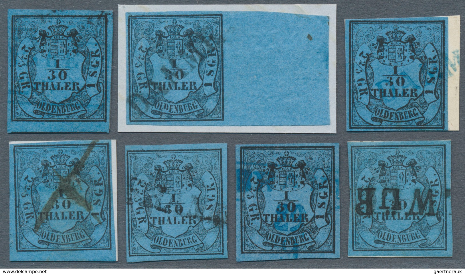 Oldenburg - Marken Und Briefe: 1852: 1/30 Th. Schwarz Auf Blau, Type I, Lot Von 7 Ausgesuchten Exemp - Oldenburg