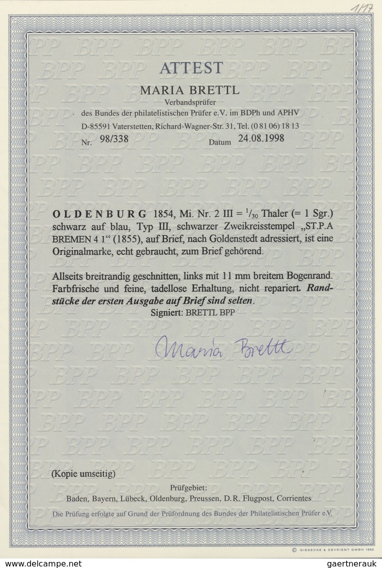 Oldenburg - Marken Und Briefe: 1852: 1/30 Th. Schwarz Auf Blau, Type III, Linkes Randstück (11 Mm) F - Oldenburg