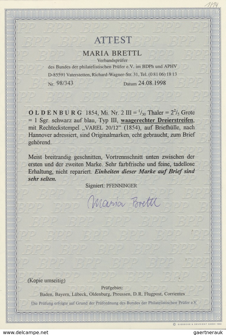 Oldenburg - Marken Und Briefe: 1852: 1/30 Th. Schwarz Auf Blau, Type III, Waagerechter Dreierstreife - Oldenburg