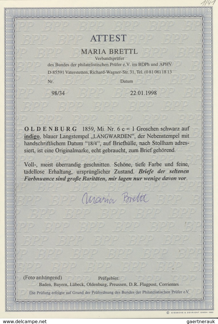 Oldenburg - Marken Und Briefe: 1859/61: 1 Gr. Schwarz Auf Dunkelgrauultramarin (indigo), Schöne, Leu - Oldenburg
