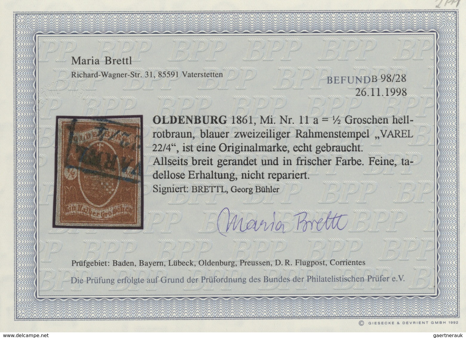 Oldenburg - Marken Und Briefe: 1861: ½ Gr. Hellrotbraun, Frische Farbe, Allseits Breitrandig, Blauer - Oldenburg