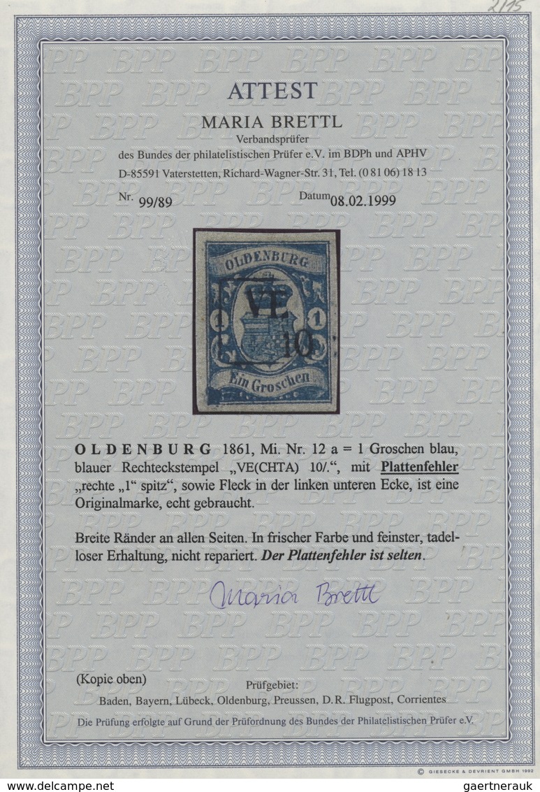 Oldenburg - Marken Und Briefe: 1861: 1 Gr. Blau Mit Plattenfehler "rechte 1 Oben Spitz" Sowie "Fleck - Oldenburg
