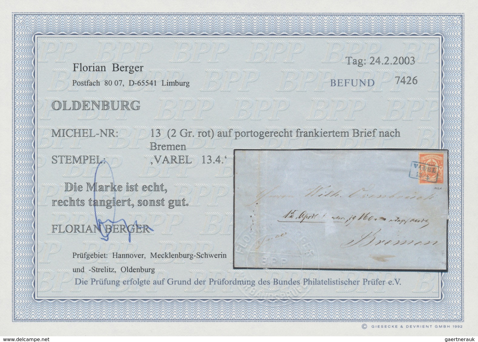 Oldenburg - Marken Und Briefe: 1861, 2 Gr. Rot, Farbfrisch, Rechts Berührend Geschnitten, Sonst Voll - Oldenburg