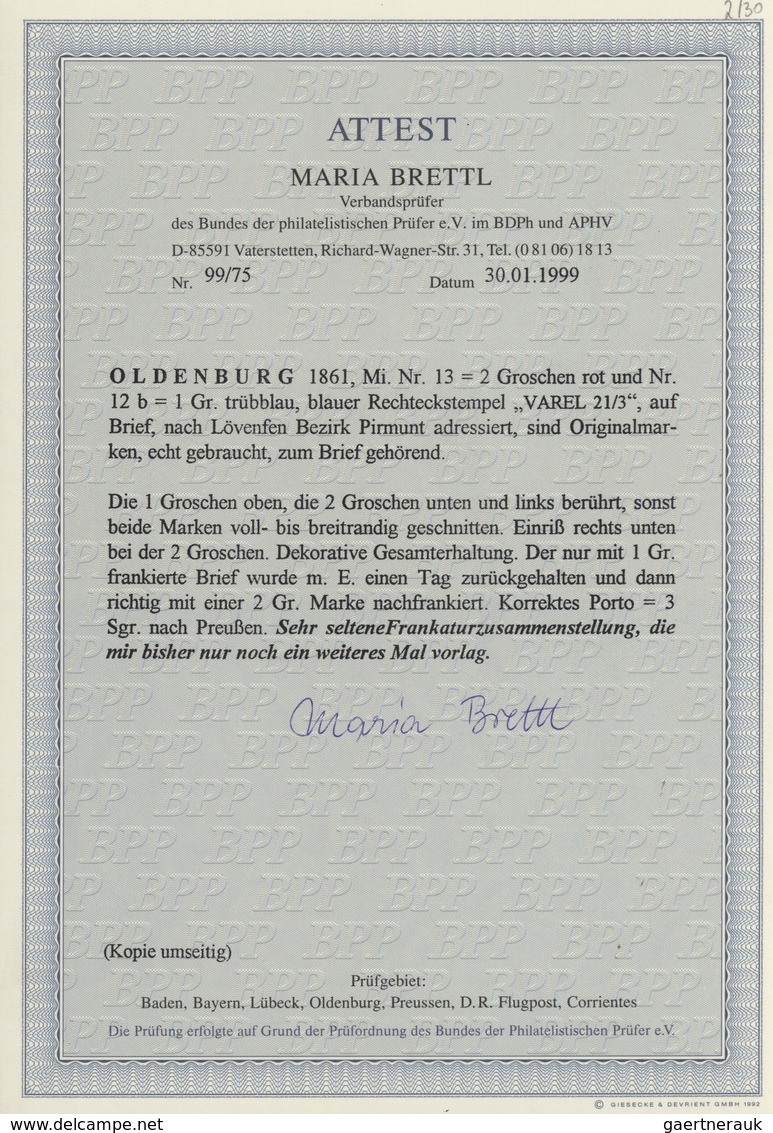 Oldenburg - Marken Und Briefe: 1861: 2 Gr. Rot, Zusammen Mit 1 Gr. Trübblau, Die 1 Gr. Oben, Die 2 G - Oldenburg