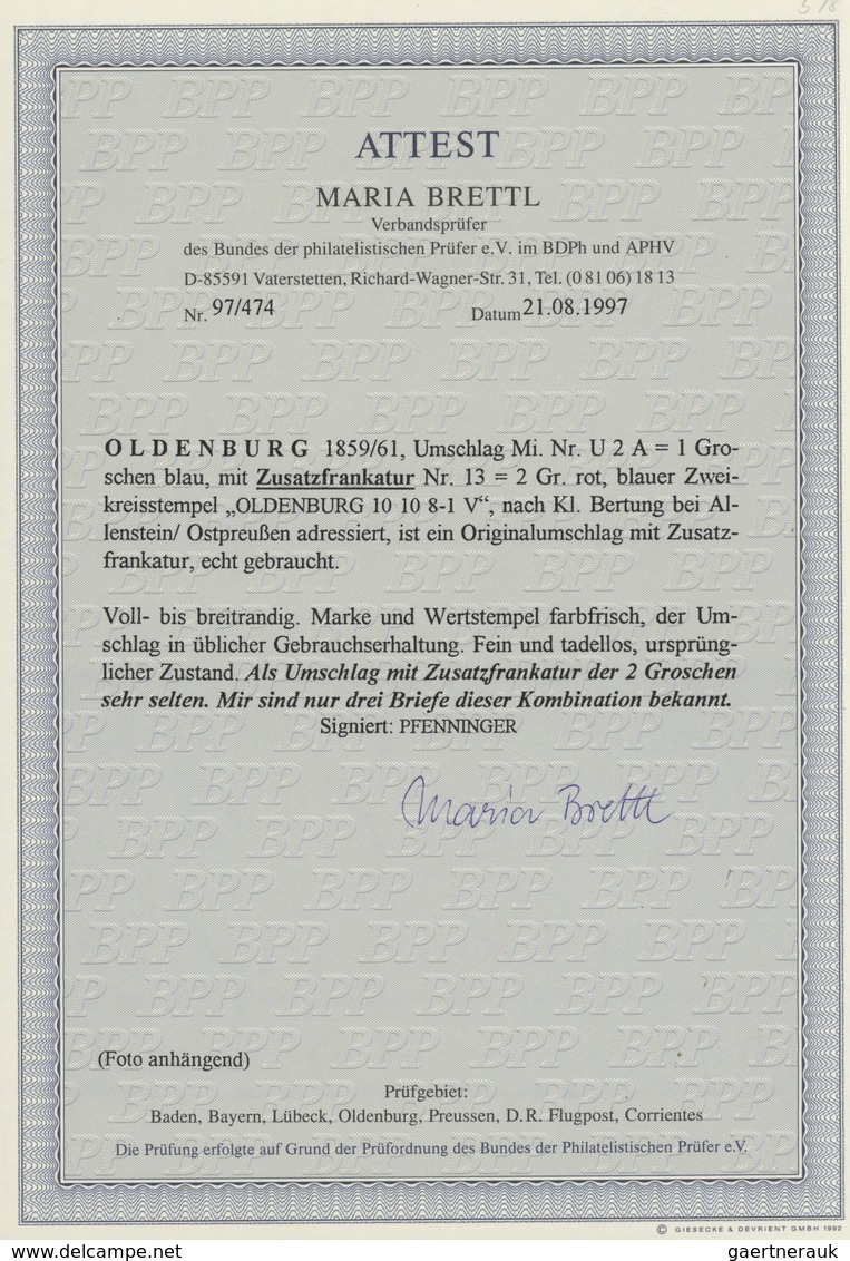 Oldenburg - Ganzsachen: 1861: Ganzsachen-Umschlag, Wertstempel Links, 1 Gr. Blau, Kleinformat, Zufra - Oldenburg