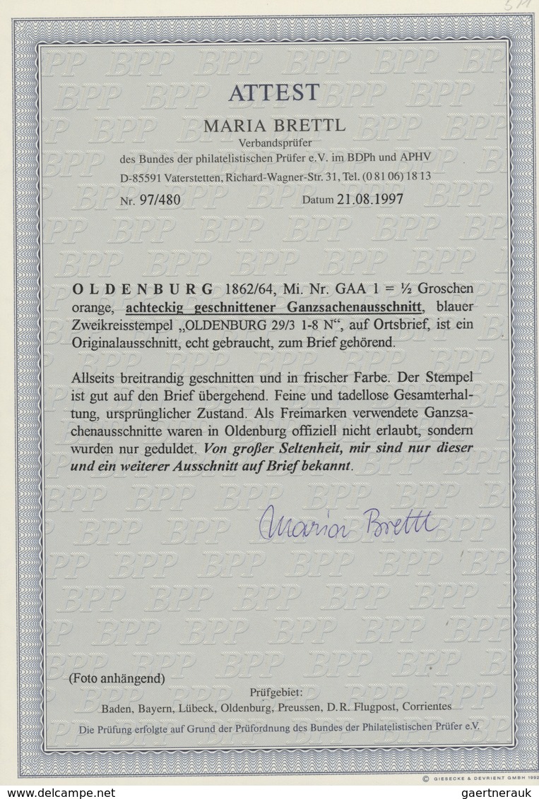 Oldenburg - Ganzsachen: 1862/64: Ganzsachen-Ausschnitt ½ Gr. Orange, Achteckig Geschnitten, Als Einz - Oldenburg