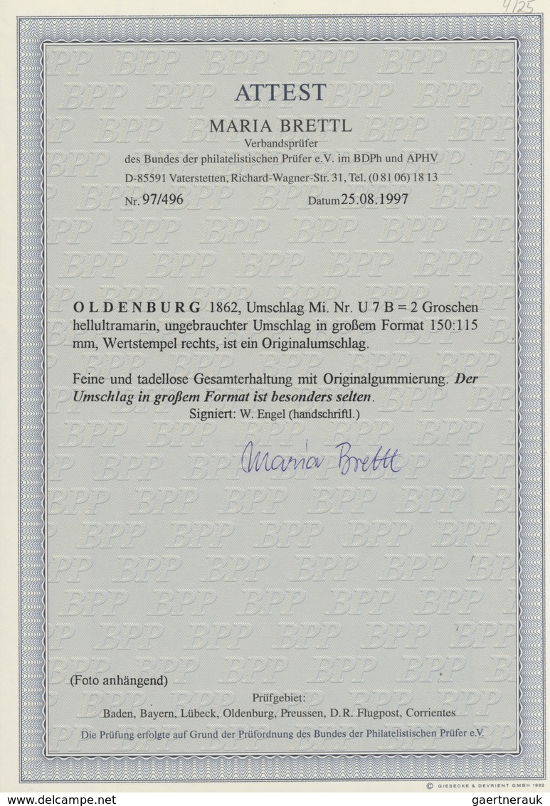 Oldenburg - Ganzsachen: 1862: Ganzsachen-Umschlag, Wertstempel Rechts, Kurze Gummierung, 2 Gr. Ultra - Oldenburg