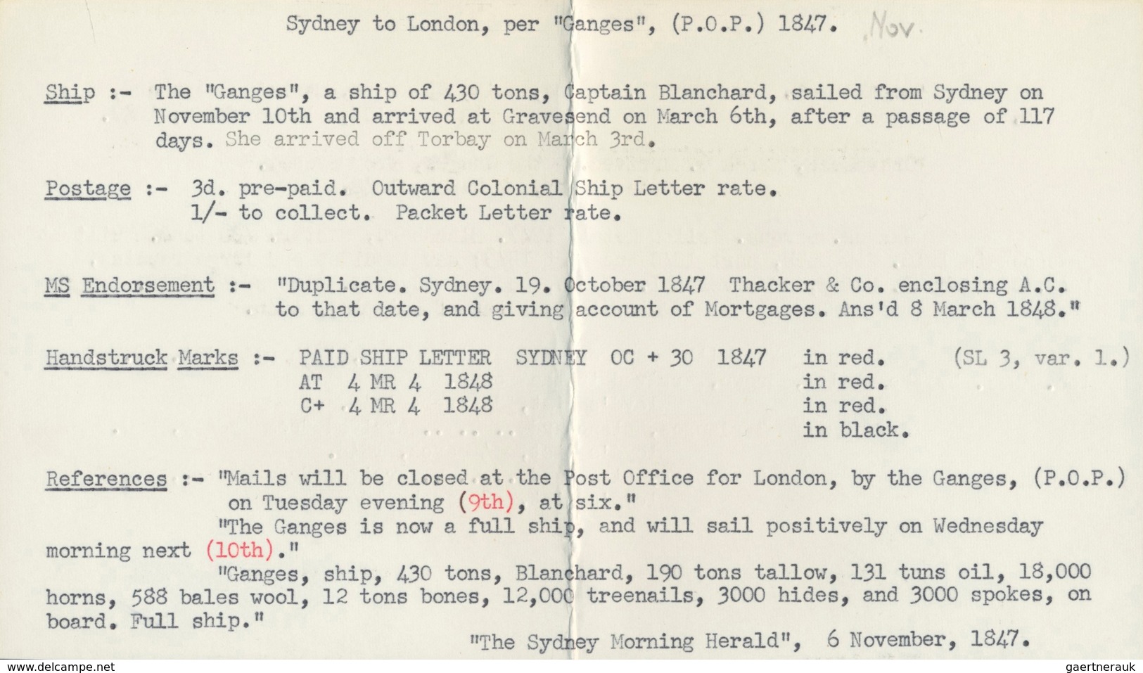 Preußen - Vorphilatelie: 1847, Brief Aus Sydney "per Ganges" Mit Ovalen "ship Letter" Urprünglich Na - Prefilatelia