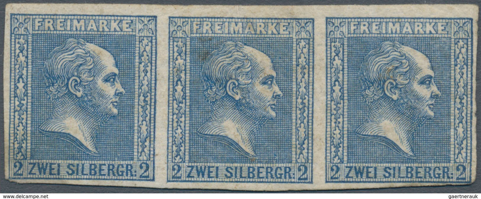 Preußen - Marken Und Briefe: 1858, 2 Sgr. Blau, Waagerechter 3er-Streifen, Lupen- Bis Vollrandig, Un - Other & Unclassified