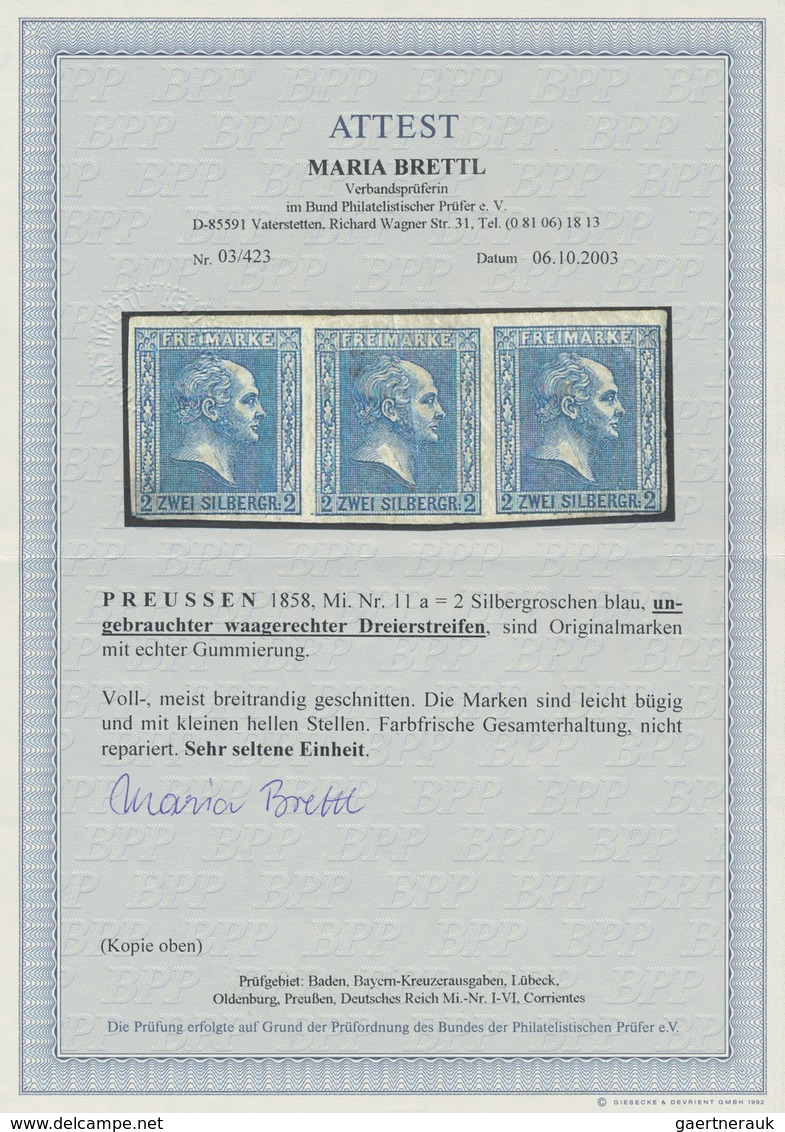 Preußen - Marken Und Briefe: 1858, 2 Sgr. Blau, Waagerechter 3er-Streifen, Lupen- Bis Vollrandig, Un - Other & Unclassified
