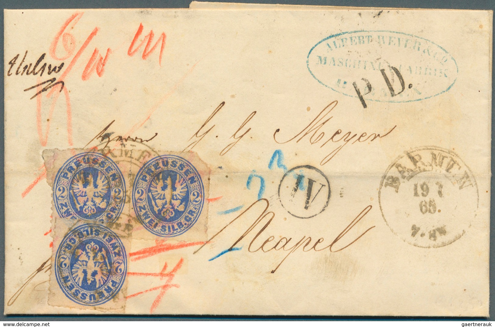 Preußen - Marken Und Briefe: 1865, Brief Aus Barmen Frankiert Mit 3x 2 Silbergroschen Nach Neapel üb - Altri & Non Classificati