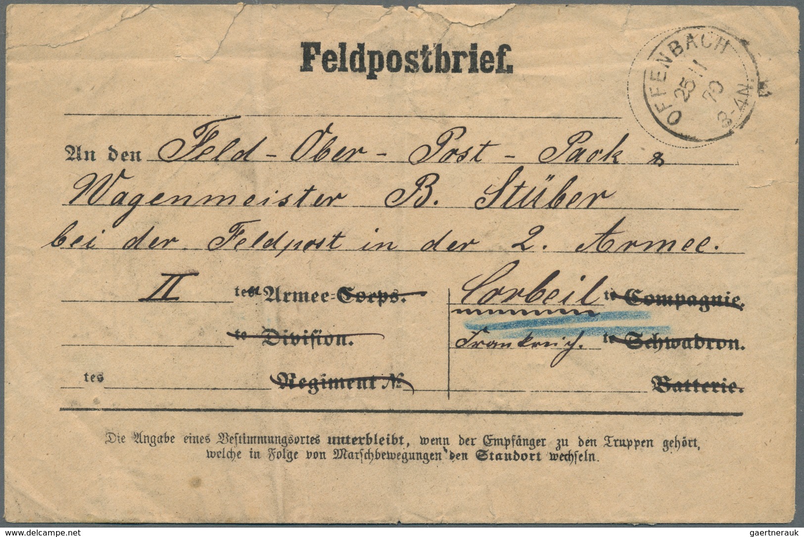 Preußen - Feldpost: 1870, Vordruck-Feldpostbrief Mit K1 "OFFENBACH 25/11 70" And Den "Feld-Ober-Post - Altri & Non Classificati