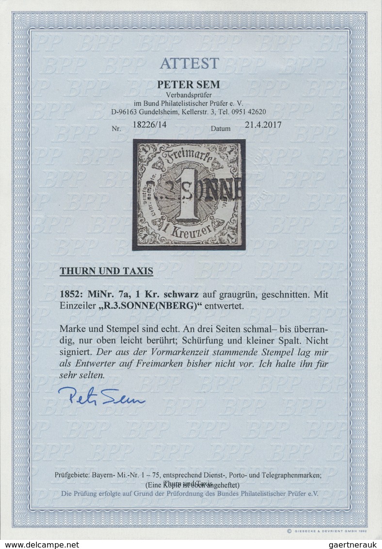 Thurn & Taxis - Marken Und Briefe: 1852, 1 Kr. Schwarz A. Graugrün Mit 1807 Rayon-L1 "R.3.SONNE(NBER - Altri & Non Classificati