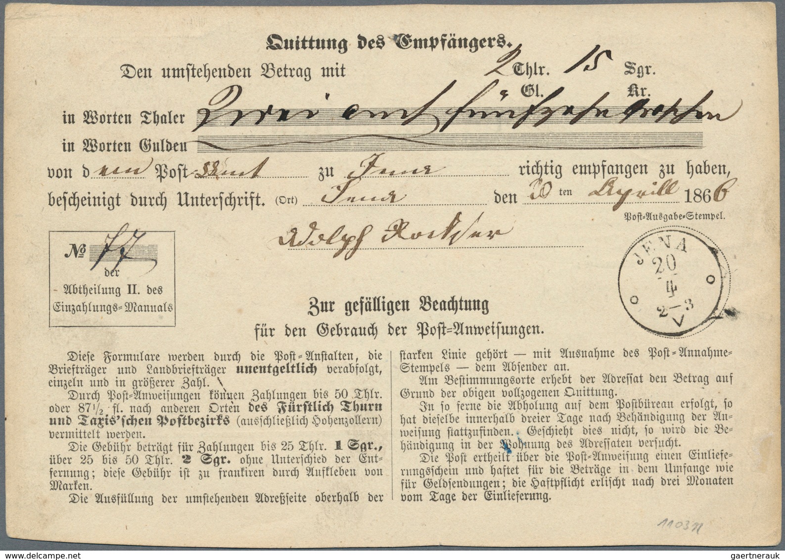 Thurn & Taxis - Marken Und Briefe: 1862, Ziffern 1 Sgr. Karminrot Auf POST-ANWEISUNG Von "STADTREMDA - Altri & Non Classificati
