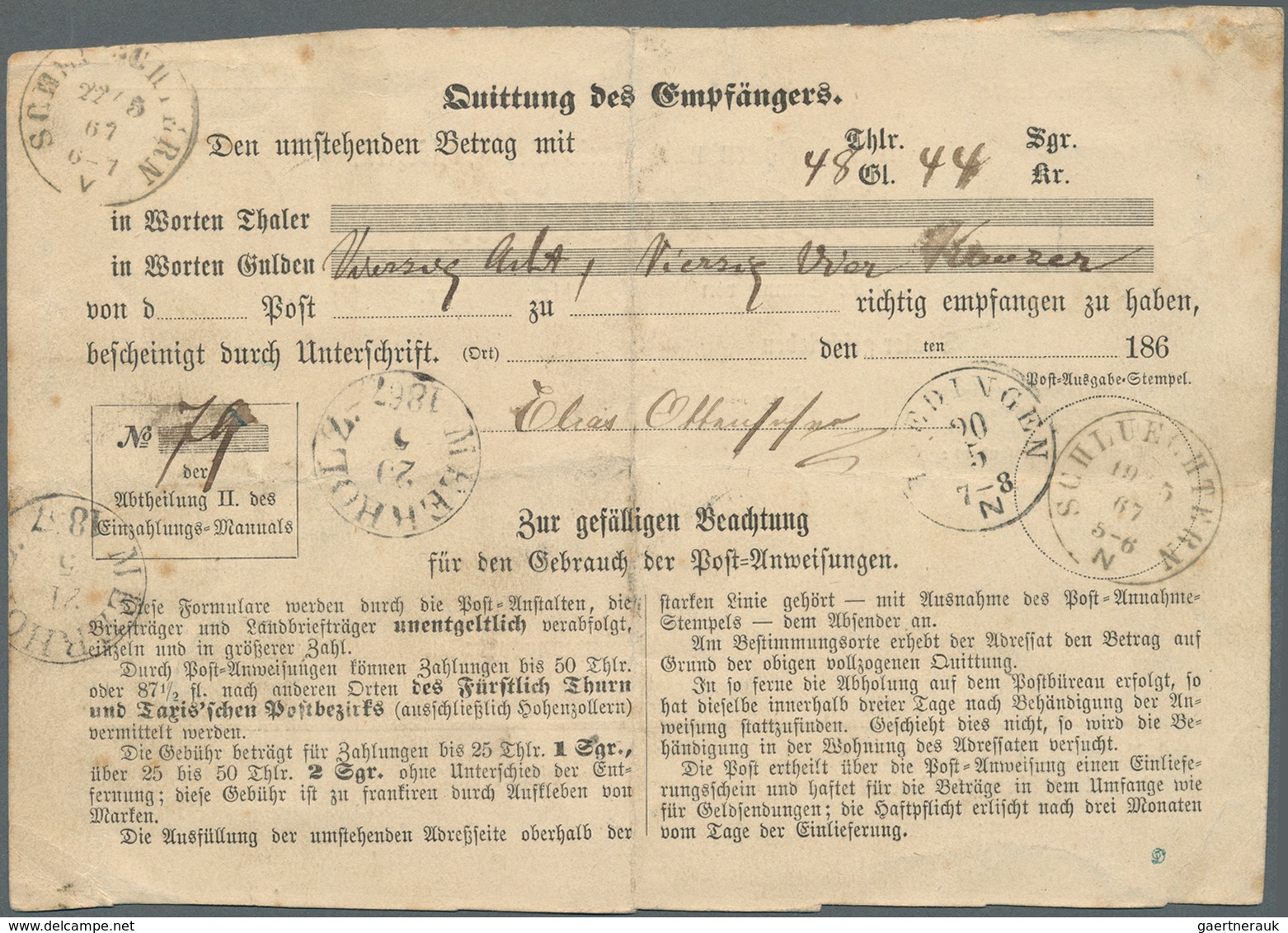 Thurn & Taxis - Marken Und Briefe: 1866, POSTANWEISUNG Mit 2 Silbergroschen Blau, Farbiger Durchstic - Altri & Non Classificati