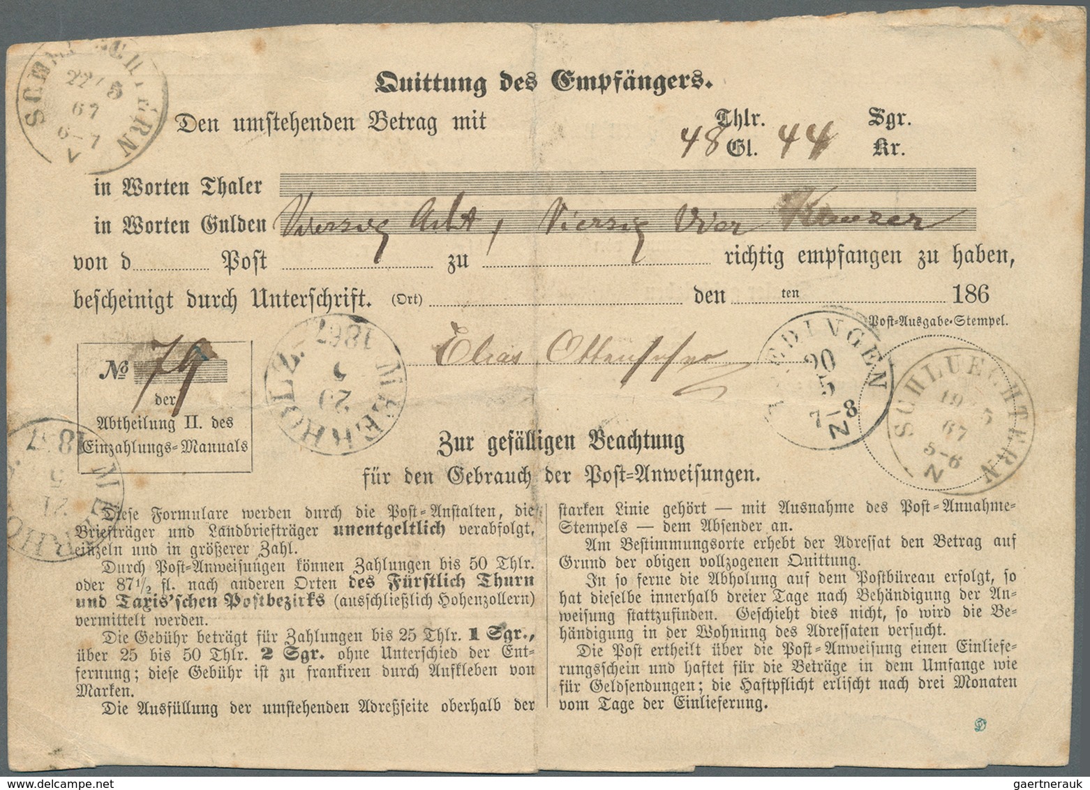 Thurn & Taxis - Marken Und Briefe: 1866, POSTANWEISUNG Mit 2 Silbergroschen Blau, Farbiger Durchstic - Other & Unclassified