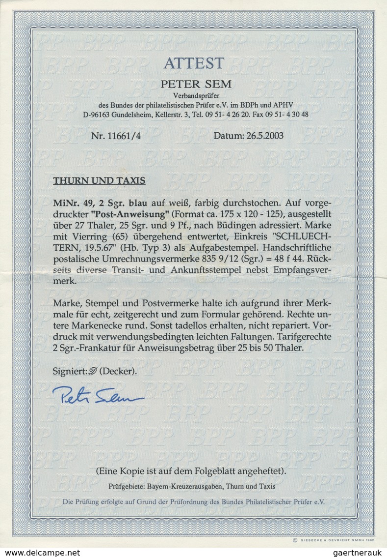 Thurn & Taxis - Marken Und Briefe: 1866, POSTANWEISUNG Mit 2 Silbergroschen Blau, Farbiger Durchstic - Altri & Non Classificati
