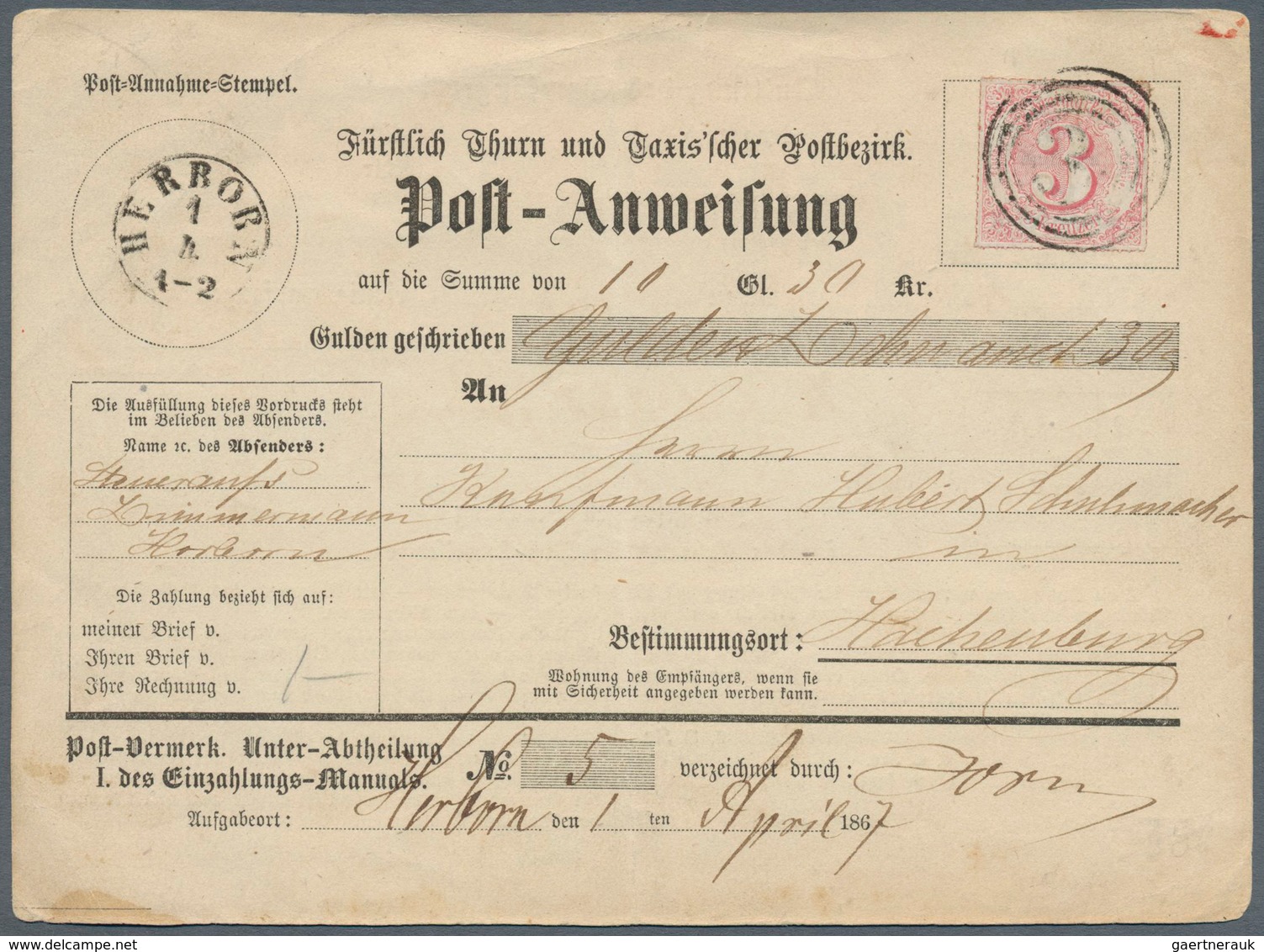 Thurn & Taxis - Marken Und Briefe: 1866, POST-ANWEISUNG Mit Rosa 3 Kr. Zentrisch Farbig Durchstochen - Other & Unclassified