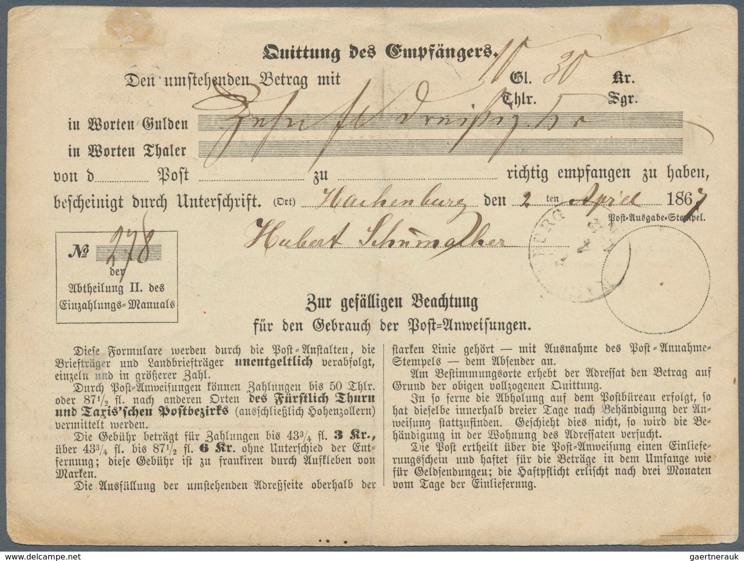 Thurn & Taxis - Marken Und Briefe: 1866, POST-ANWEISUNG Mit Rosa 3 Kr. Zentrisch Farbig Durchstochen - Altri & Non Classificati
