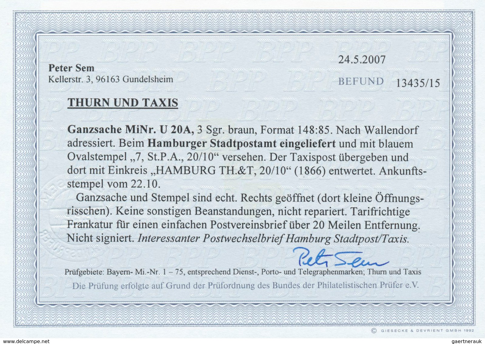 Thurn & Taxis - Ganzsachen: 1866: 3 Gr Braun Als Interessanter Postwechselbeleg, Beim Hamburger Stad - Altri & Non Classificati