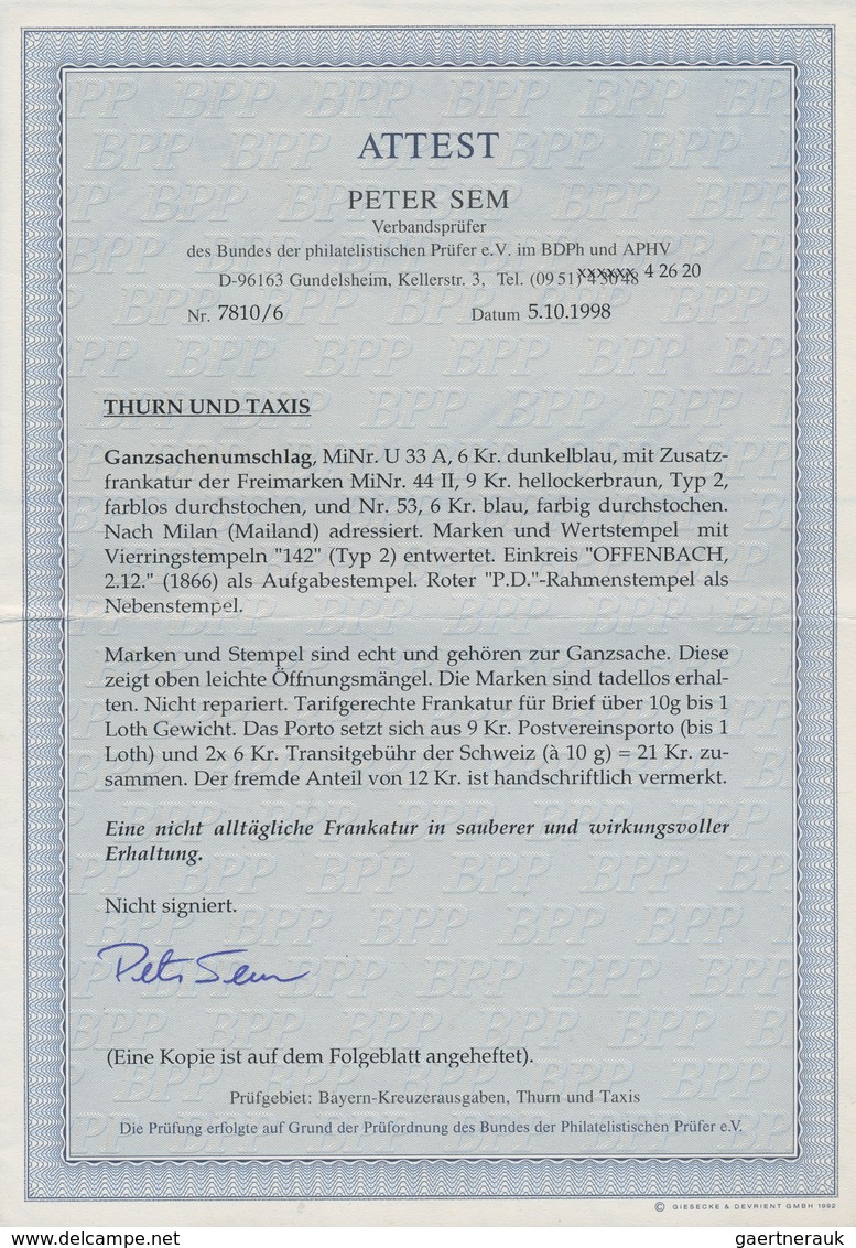 Thurn & Taxis - Ganzsachen: 1866, GA-Umschlag 6 Kr. Dunkelblau (rs. Leichte Öffnungsmängel) Mit Zusa - Altri & Non Classificati