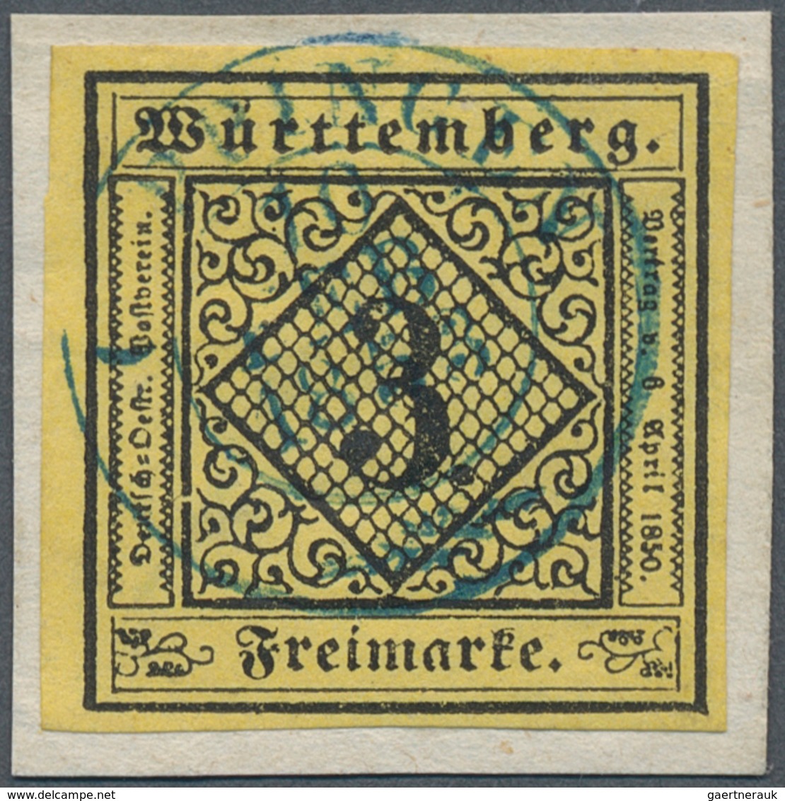 Württemberg - Marken Und Briefe: 1851 Ziffern 3 Kr. Schwarz Auf C-Papierfarbe Pastellgelb Mit Klaren - Altri & Non Classificati