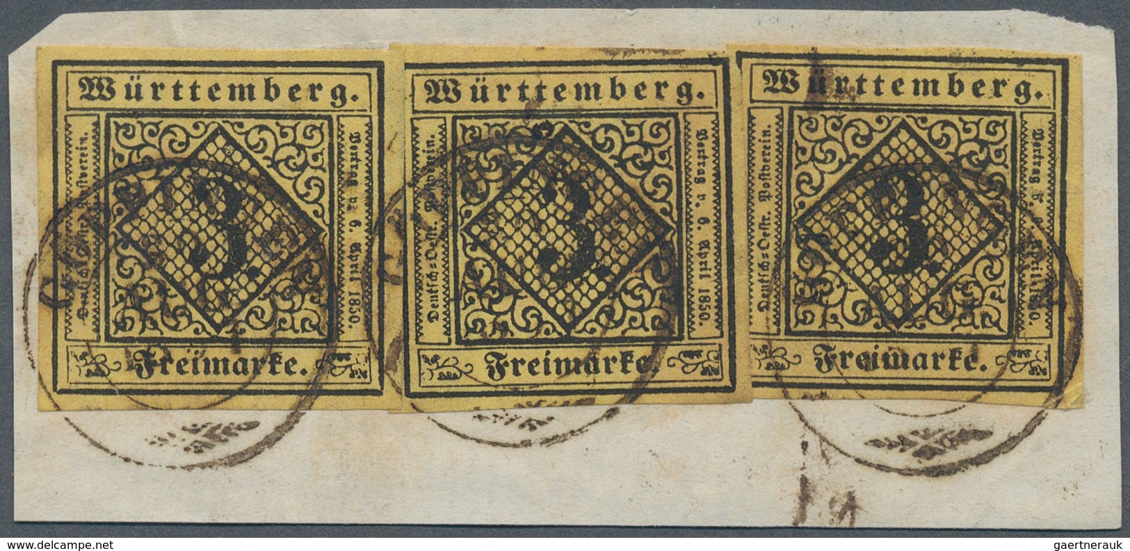 Württemberg - Marken Und Briefe: 1851, Dreimal Ziffern 3 Kr. Schwarz Auf Seltene E-Papierfarbe Ocker - Altri & Non Classificati