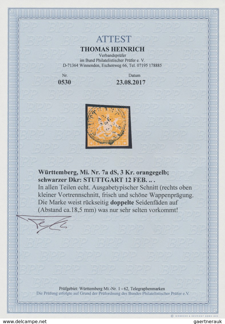 Württemberg - Marken Und Briefe: 1857, Wappenausgabe 3 Kr. Gelb Mit DOPPELTEM Seidenfaden (Abstand 1 - Altri & Non Classificati