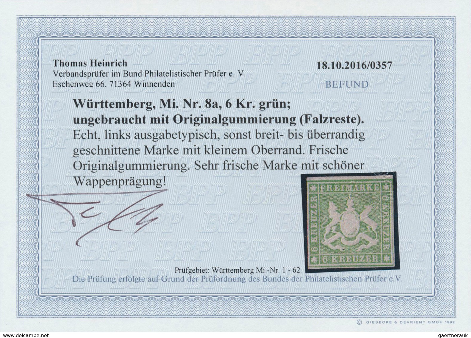 Württemberg - Marken Und Briefe: 1857, 6 Kr. Gelblichgrün, Farbfrisches Exemplar Und Mit Guter Wappe - Altri & Non Classificati