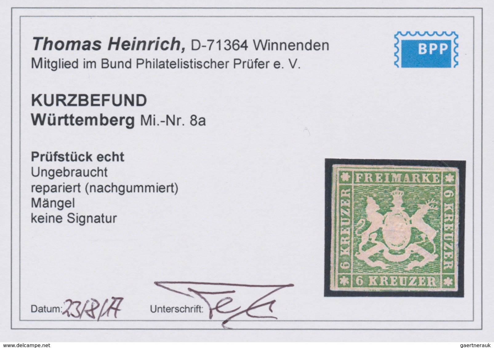 Württemberg - Marken Und Briefe: 1857, Wappen 6 Kr. Grün Mit Seidenfaden, Farbfrische Ungebrauchte M - Other & Unclassified