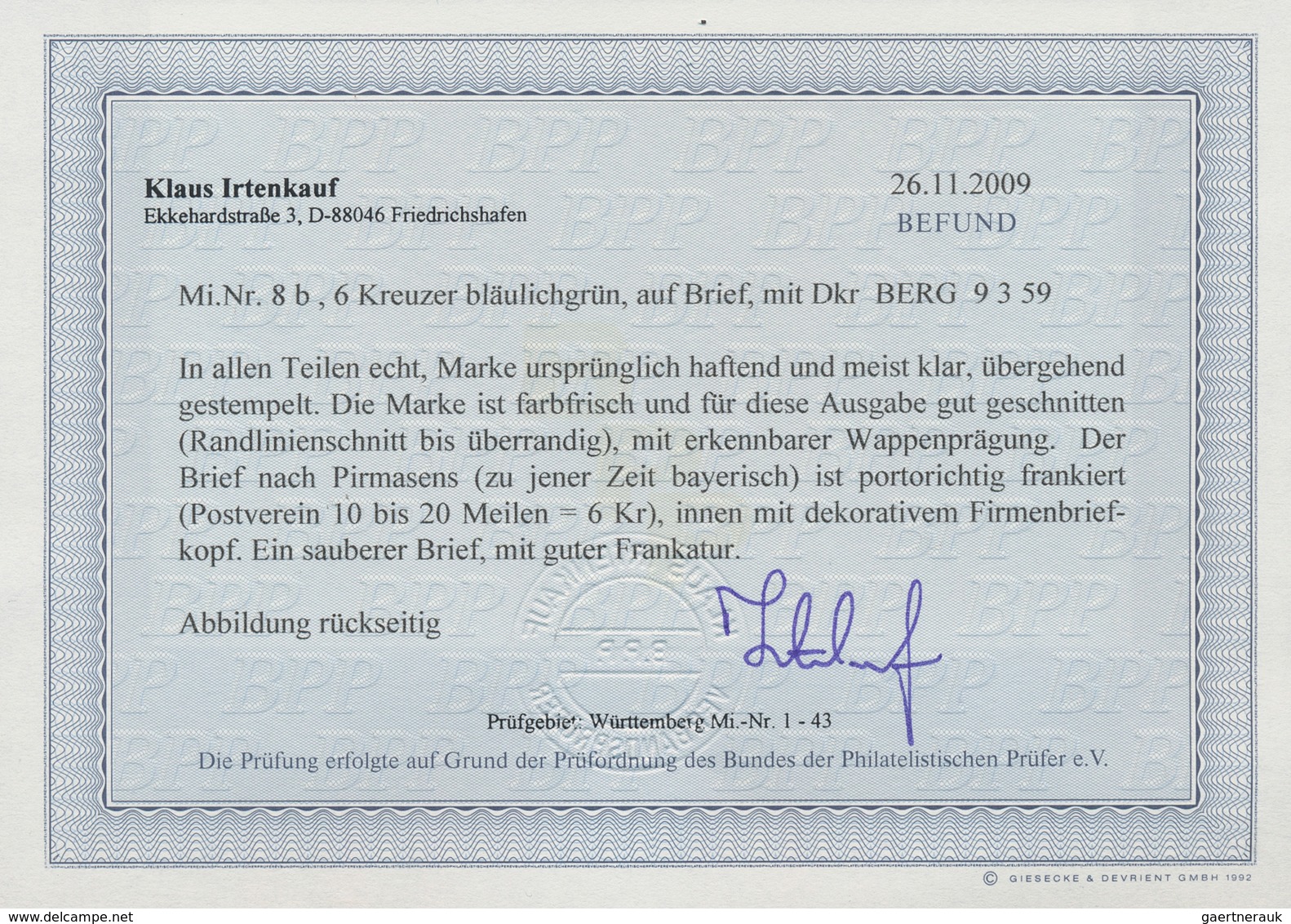 Württemberg - Marken Und Briefe: 1857, Wappen 6 Kr. In Besserer B-Farbe Bläulichgrün Mit Seidenfaden - Altri & Non Classificati