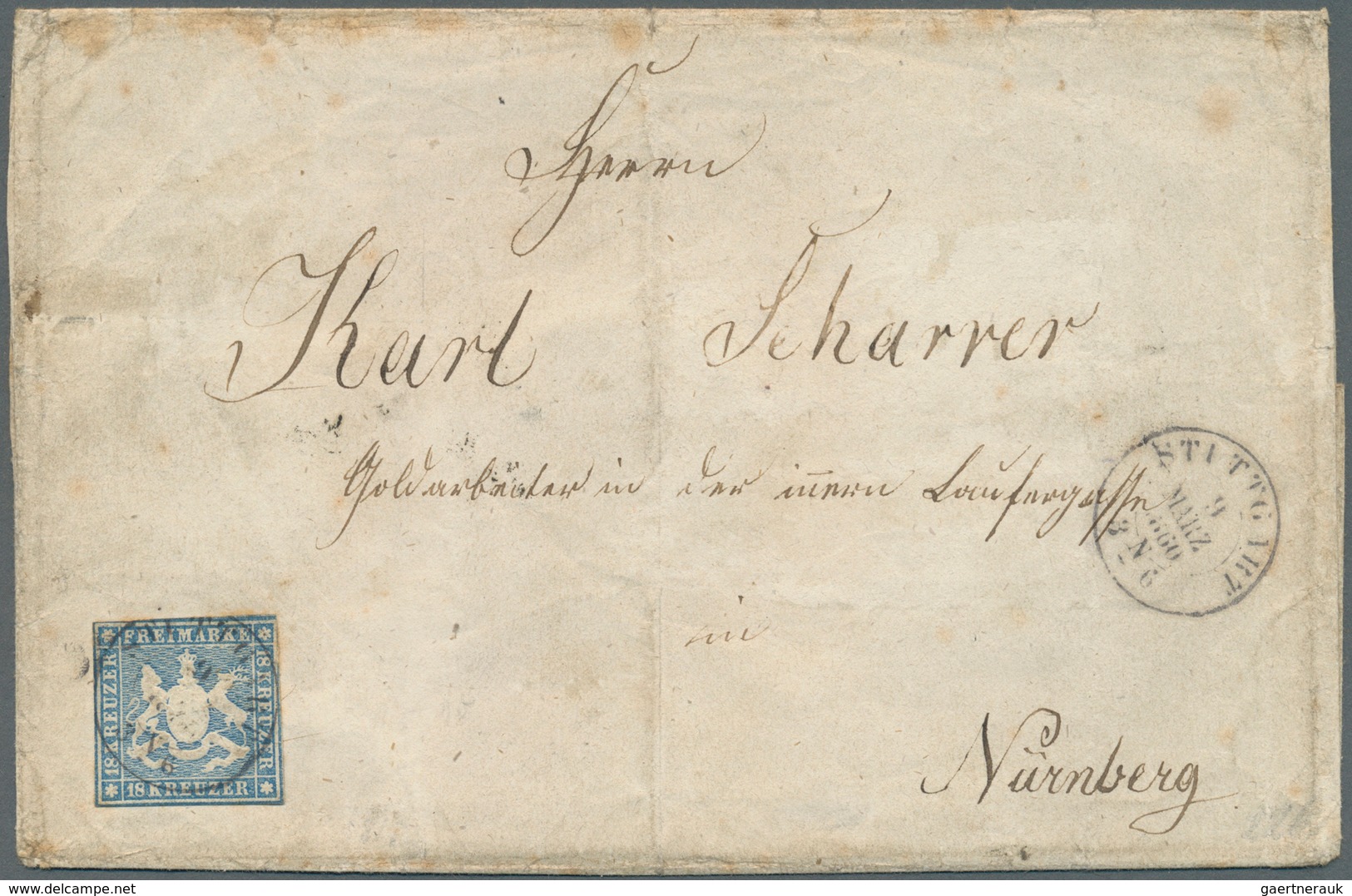 Württemberg - Marken Und Briefe: 1857 Einzelfrankatur 18 Kr. Blau Mit Seidenfaden Von "STUTTGART 9 M - Altri & Non Classificati