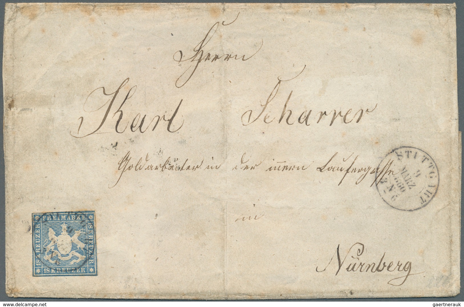 Württemberg - Marken Und Briefe: 1857 Einzelfrankatur 18 Kr. Blau Mit Seidenfaden Von "STUTTGART 9 M - Other & Unclassified