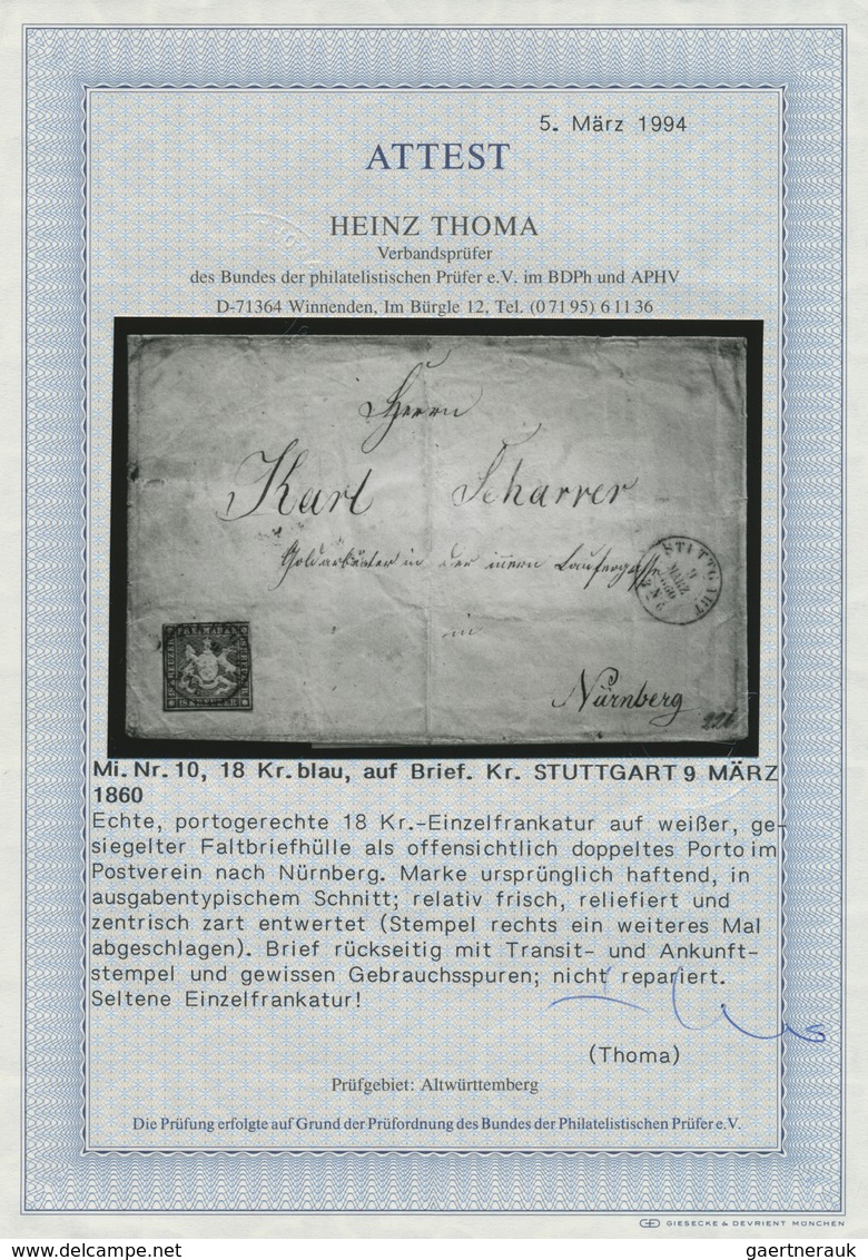 Württemberg - Marken Und Briefe: 1857 Einzelfrankatur 18 Kr. Blau Mit Seidenfaden Von "STUTTGART 9 M - Altri & Non Classificati