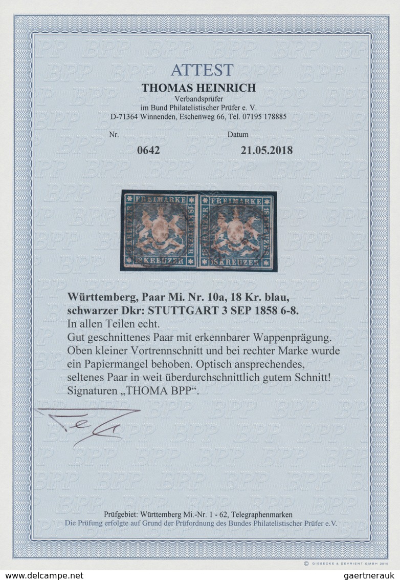 Württemberg - Marken Und Briefe: 1857, Wappen 18 Kr. Blau Mit Seidenfaden Im Waagrechten PAAR Mit K3 - Altri & Non Classificati