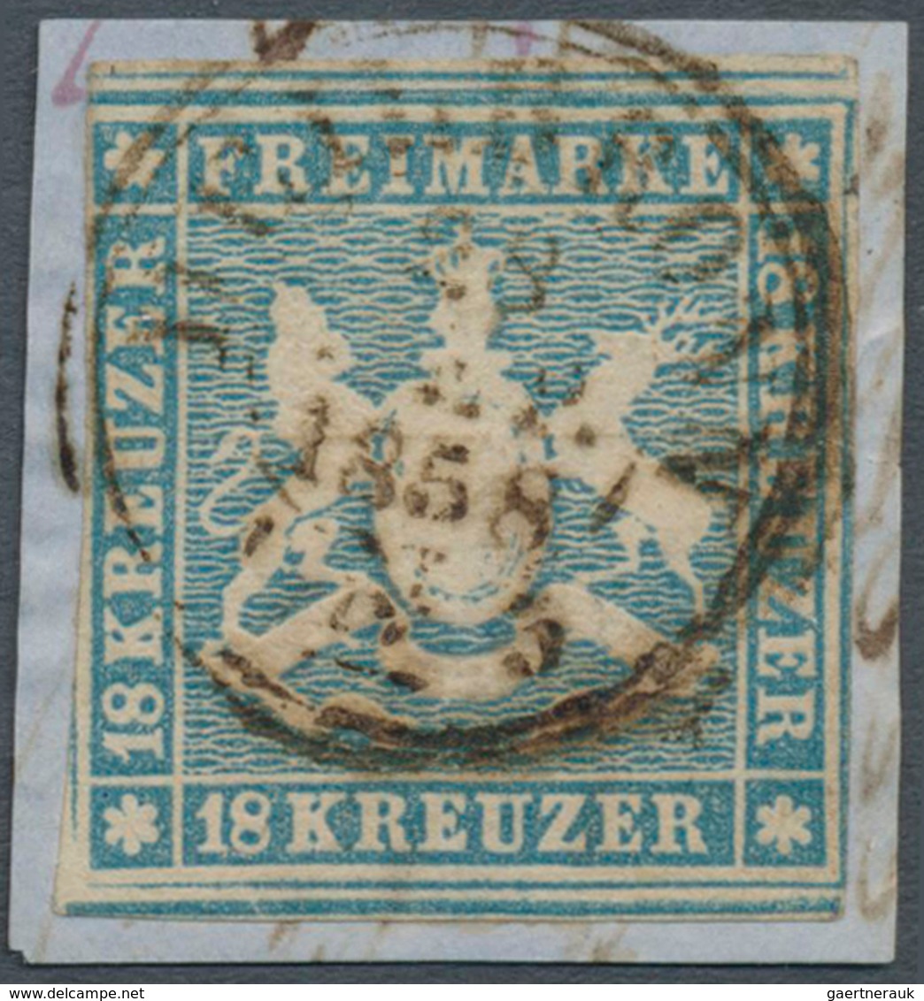 Württemberg - Marken Und Briefe: 1857, 18 Kr. Wappen Blau, Gestempelt Auf Briefstück, Typischer Schn - Altri & Non Classificati