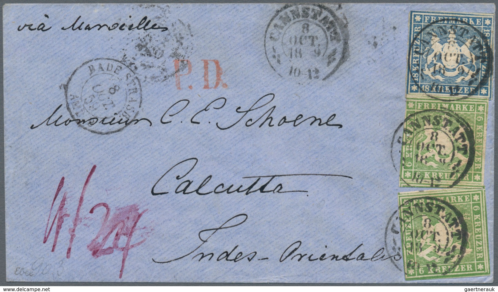 Württemberg - Marken Und Briefe: 1857, Wappen 18 Kr. In B-Farbe Dunkelblau Und 2x 6 Kr. Grün Mit Sei - Other & Unclassified