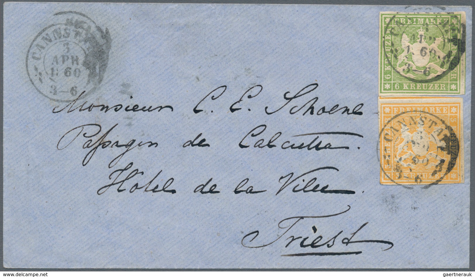 Württemberg - Marken Und Briefe: 1857, Wappen 18 Kr. In B-Farbe Dunkelblau Und 2x 6 Kr. Grün Mit Sei - Other & Unclassified