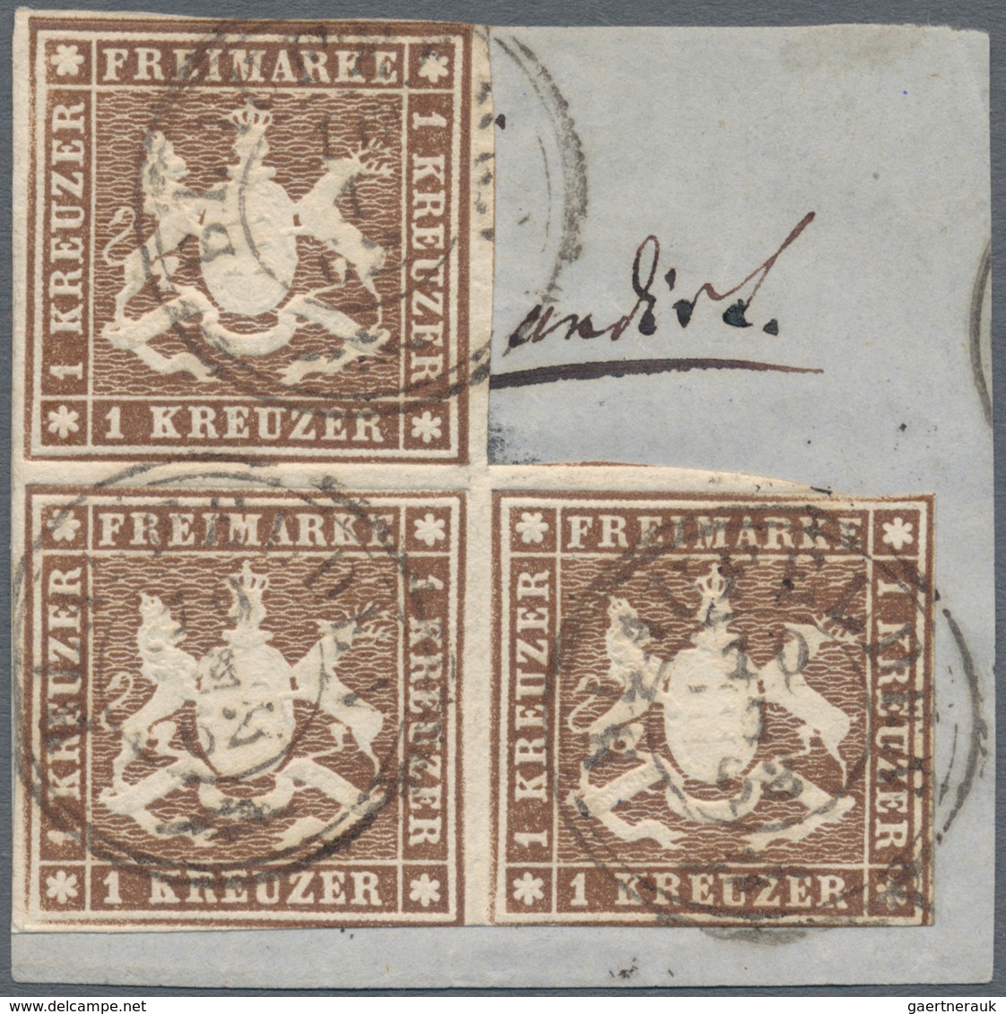 Württemberg - Marken Und Briefe: 1859, Wappen 1 Kr. Braun Im 3er Block Auf Briefstück Mit K3 "BLAUBE - Otros & Sin Clasificación