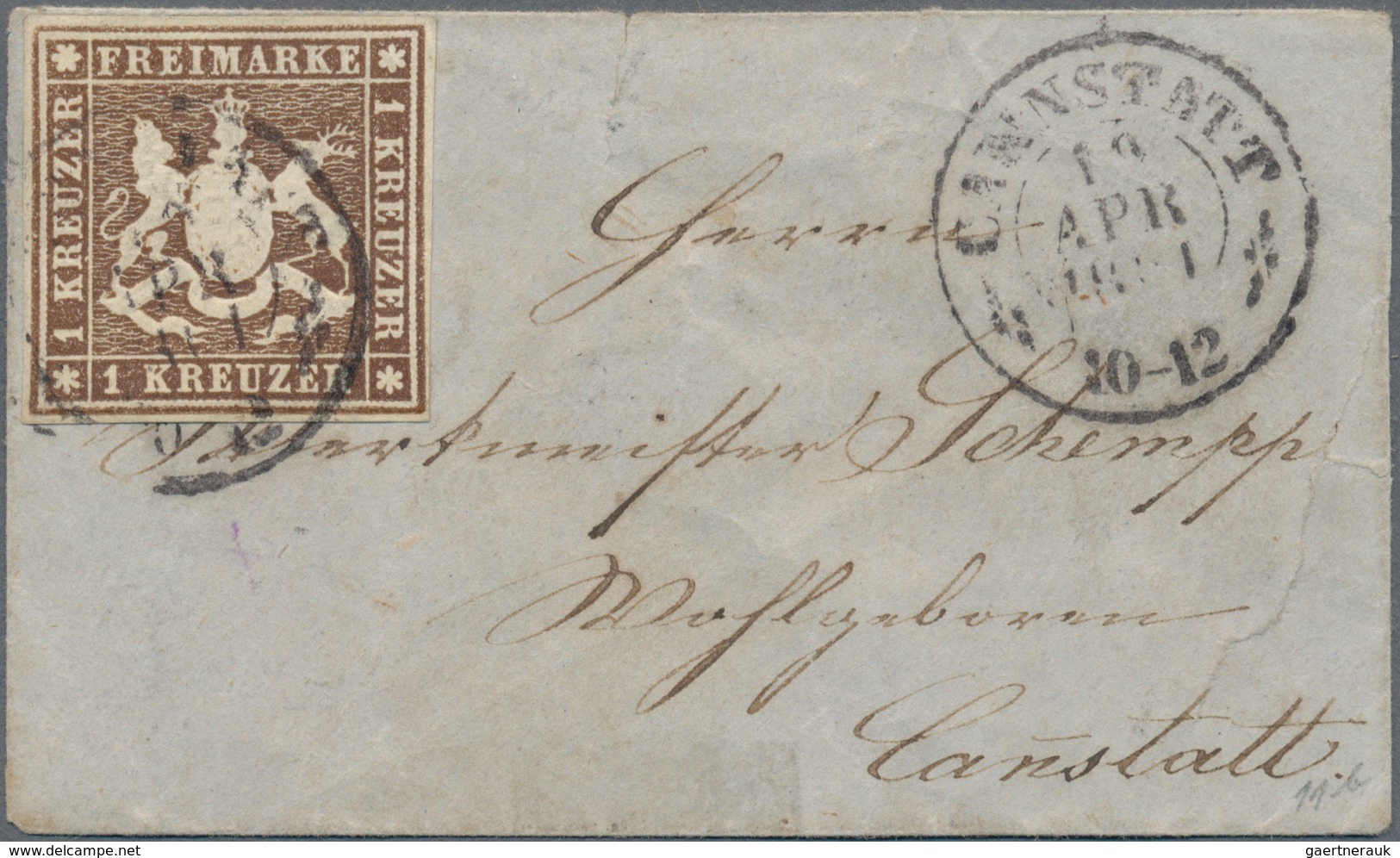 Württemberg - Marken Und Briefe: 1859, 1 Kr. Dunkelbraun Ohne Seidenfaden Auf Mini-Couvert (48x80 Mm - Altri & Non Classificati