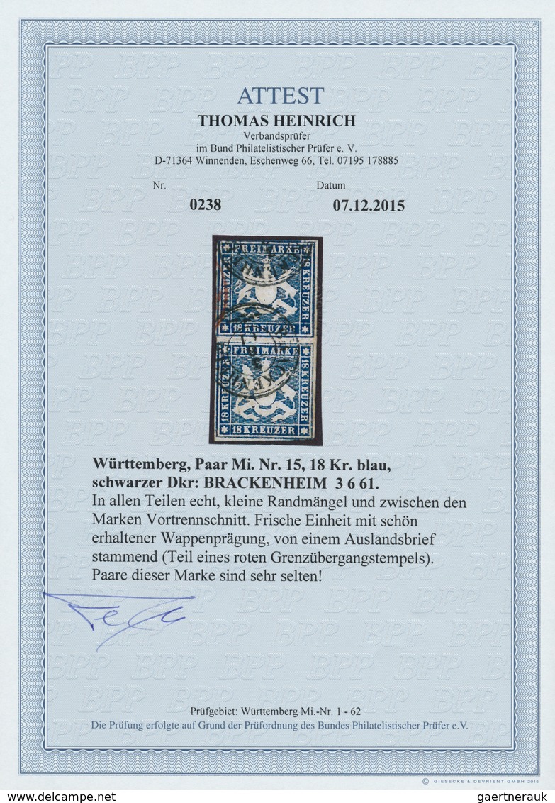 Württemberg - Marken Und Briefe: 1859, 18 Kr. Dunkelblau (ohne Seidenfaden) Im Senkrechten Paar Mit - Altri & Non Classificati