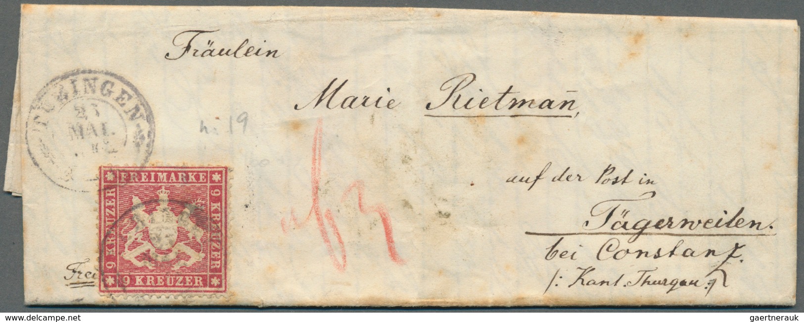 Württemberg - Marken Und Briefe: 1861, Wappen 9 Kr. Karmin, Dünnes Papier Auf Brief Von "TÜBINGEN 23 - Altri & Non Classificati