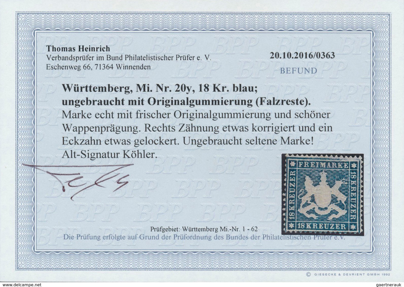 Württemberg - Marken Und Briefe: 1861, 18 Kr. Dunkelblau, Enge Zähnung, Dünnes Papier, Ungebraucht M - Altri & Non Classificati