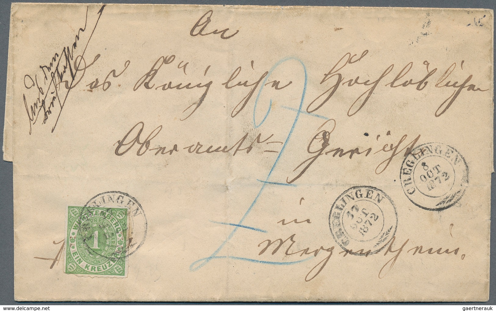 Württemberg - Marken Und Briefe: 1872, Ovalausgabe 1 Kr. In Seltener B-Farbe Olivgrün Und K2 "CREGLI - Altri & Non Classificati