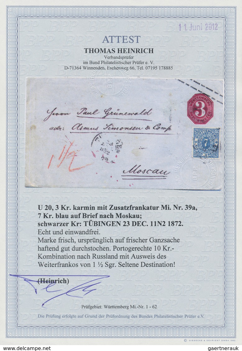 Württemberg - Marken und Briefe: 1871/72 Drei GA-Umschläge 3 Kr. mit Zusatzfrankaturen nach Odessa,