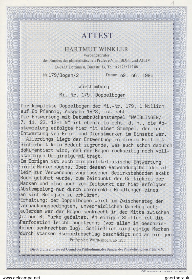 Württemberg - Marken Und Briefe: 1923, 1 Mio. Auf 60 Pfg. Im Kompletten Doppelboggen Mit 10 Zwischen - Altri & Non Classificati