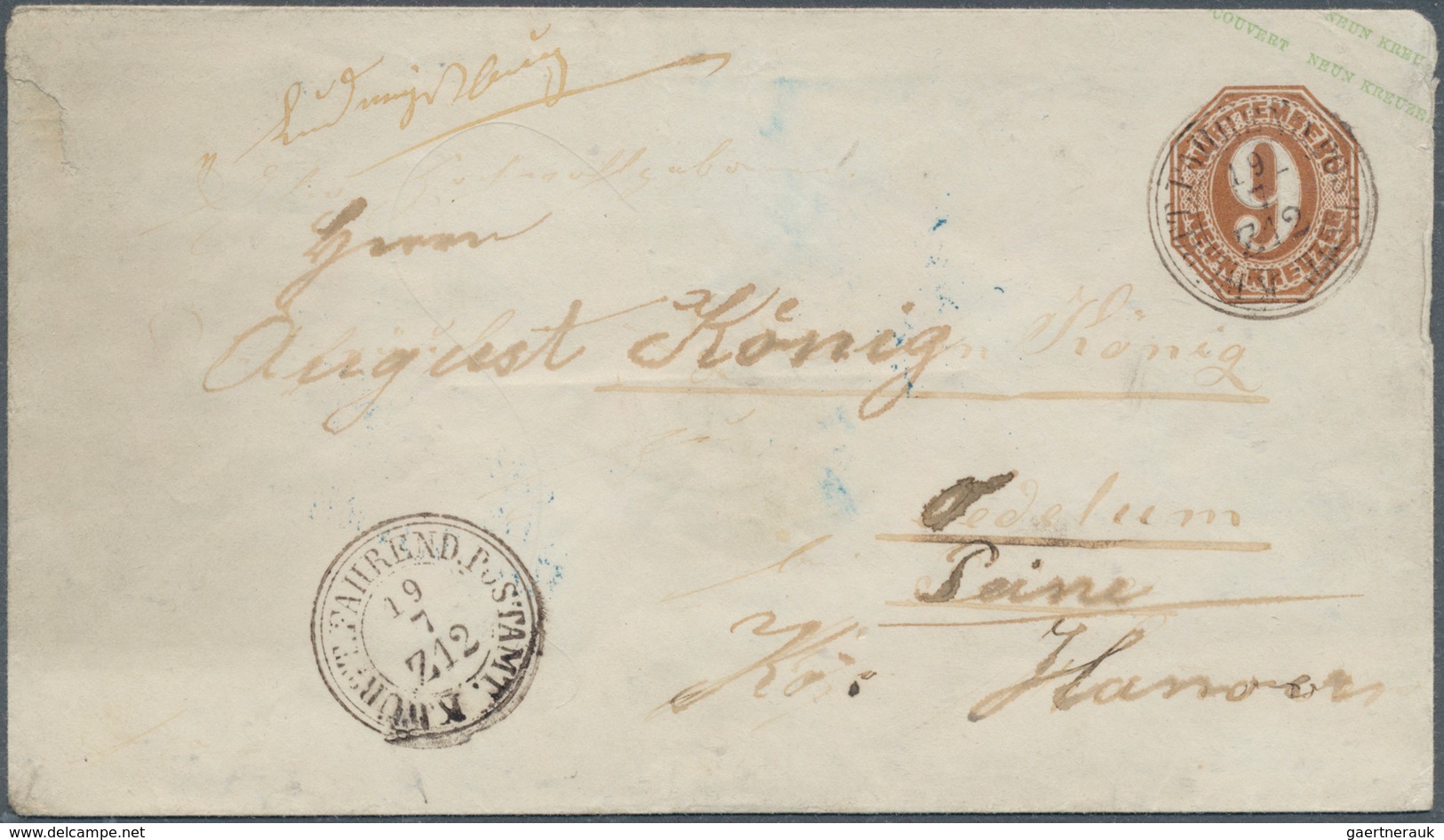 Württemberg - Ganzsachen: 1865, GA-Umschlag 9 Kr. Rotbraun (leicht Gereinigt) Mit Klappenstempel 5 R - Altri & Non Classificati